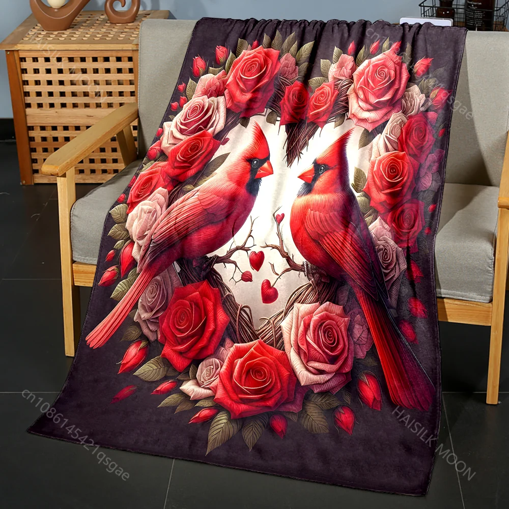 Heart-shaped Roses and Cardinals Pattern Blanket Flannel Material Soft Warm for All Seasons, Home Outdoor Camping Picnics RV