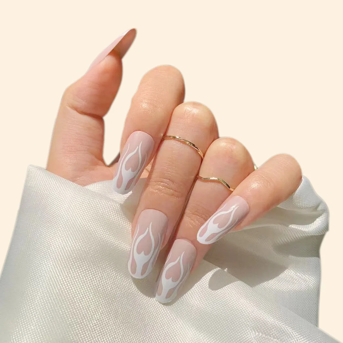 24P/Set Sea Wave Carp Japanese Style Doodle False Nails Detachable Nude Pink Long Coffin Art Fake Nail Full Cover Press on Nails