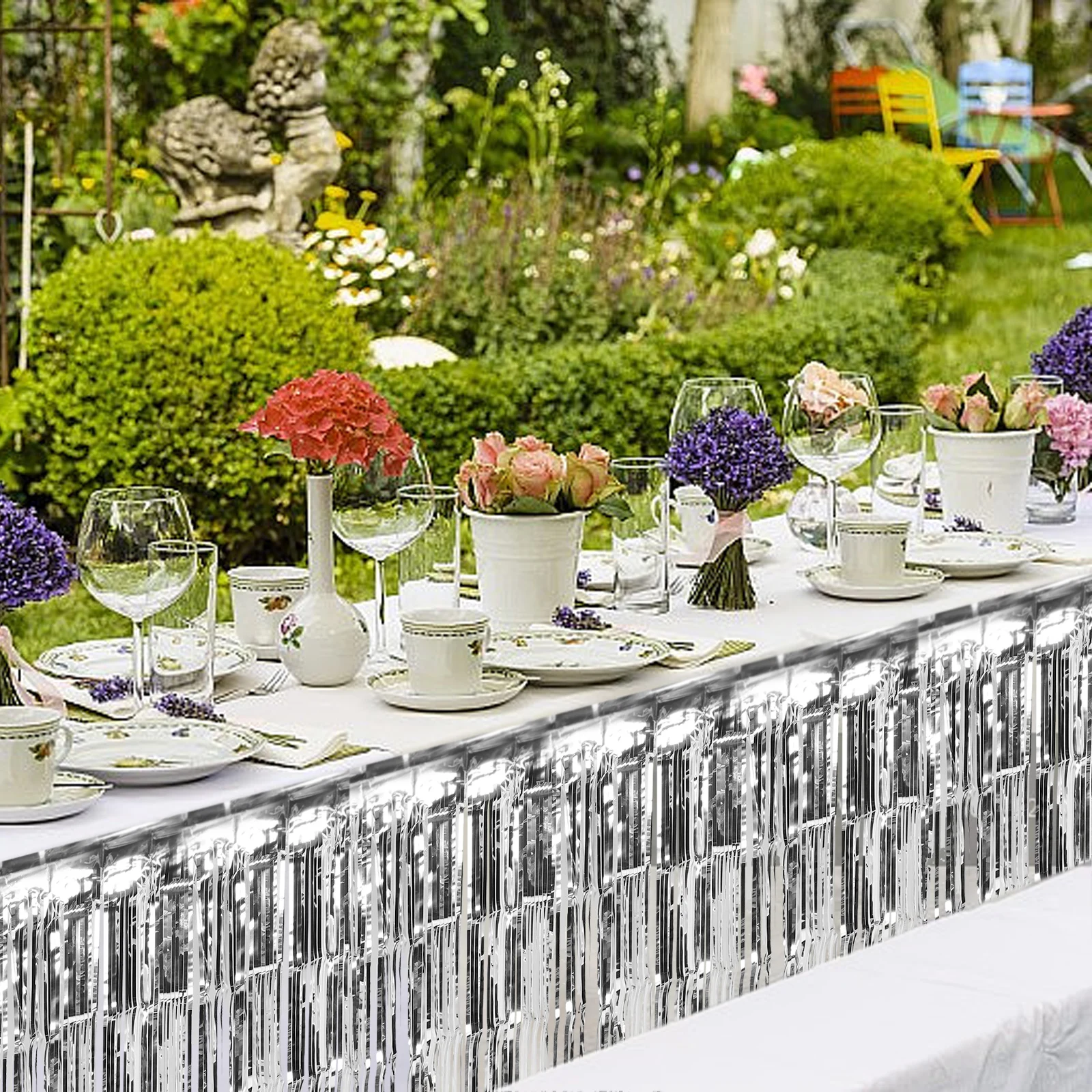 

Disposable Skirts For Party Decorations Silver Foil Fringe Tinsel Table Covers Metallic Sparkly Wedding Birthday Event Table