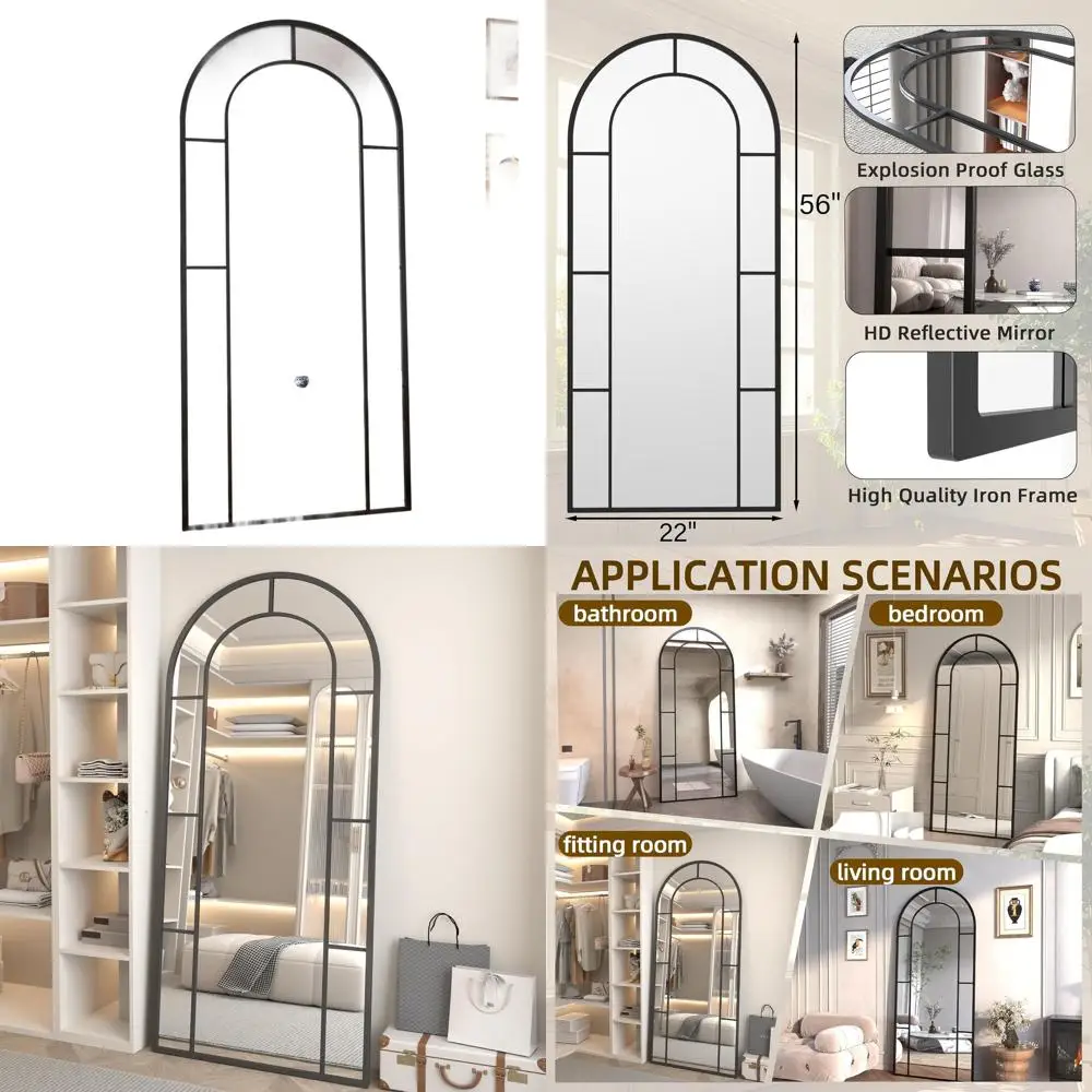 

56x22 Inch Arched Floor Length Standing Mirror, Large Wall-Mounted Window Pane Style, Black Hanging or Leaning