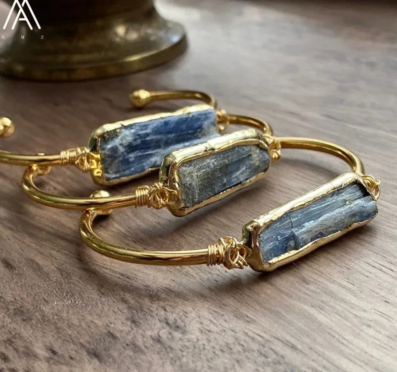 Bracelet ouvert en pierre de cyanite bleue naturelle, plaqué or, pour femmes, bijoux faits à la main de haute qualité, cadeau d'anniversaire ou de mariage