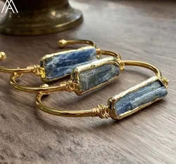 Natural Blue Kyanite Stone Open Bangle Gemstone-Plated Gold Bangle For Women High Quality Handmade Birthday Wedding Jewelry Gift