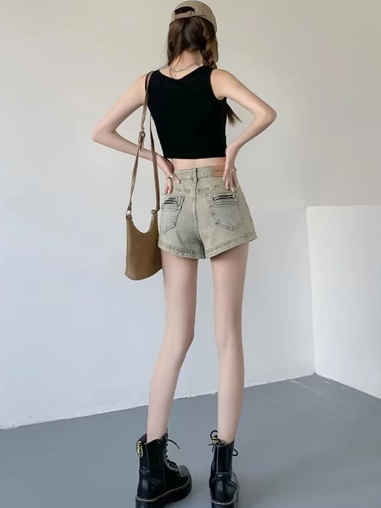 アメリカンレトロデニムショーツ女性夏ジッパーポケットワイドレッグファッションストリートウェアだぶだぶの韓国スタイルヴィンテージセクシーなストリートウェア
