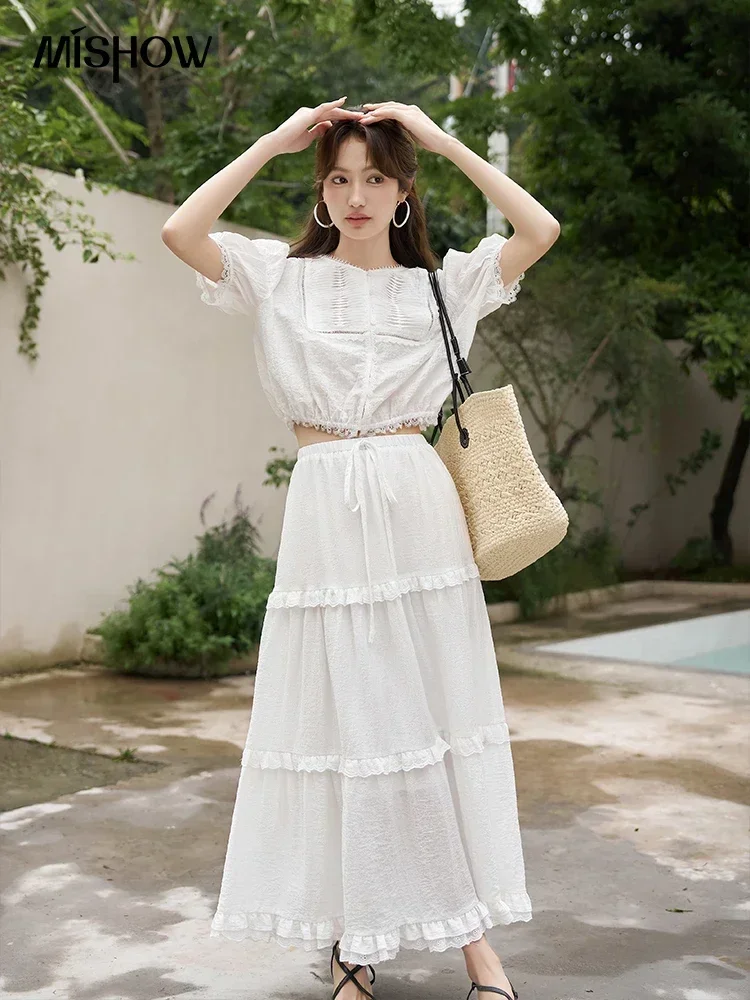 MISHOW French Vintage Chiffon Shirt+Midi Skirt Separately 2023 Summer Puff Sleeve Top Ruffles Elastic Waist Skirt Set MXC33X0069