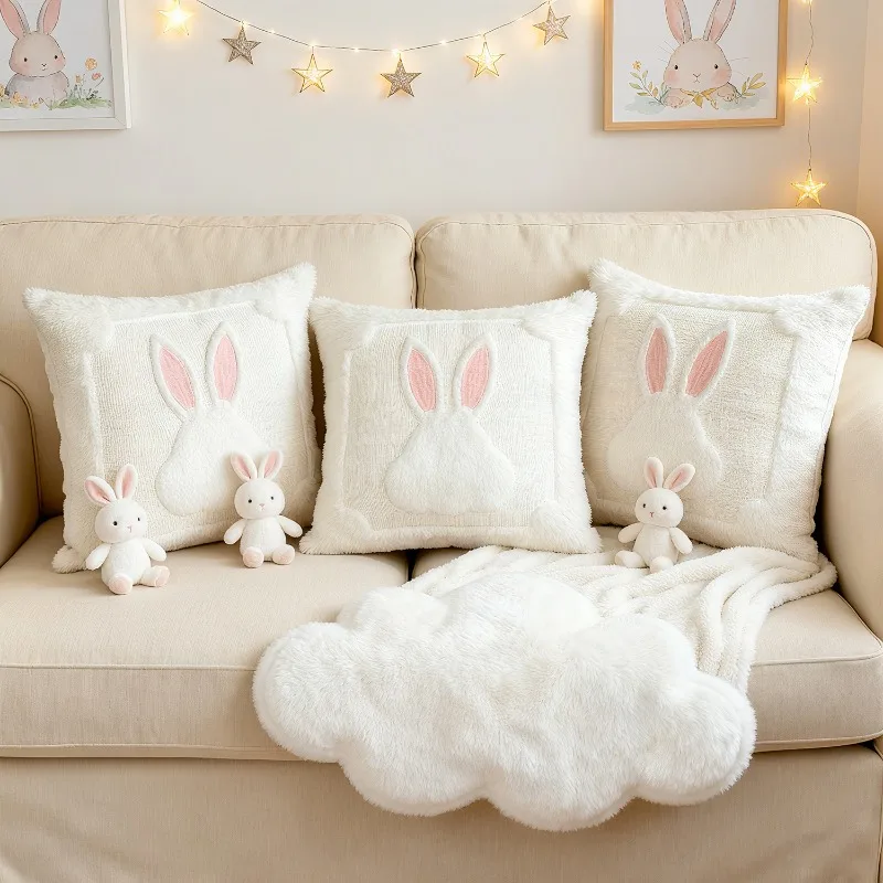 

Easter Bunny Embossed Quilted Pillowcase Dual Texture Plush Cushion Case Luxury Sofa Back Pillow Cover Living Room Decor