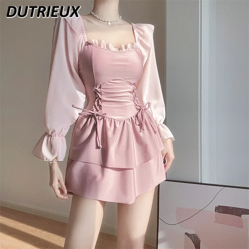 Light Luxury Sweet Girl Pink One-Piece Long Sleeves Dress Swimsuit Female Oversized Seaside Vacation Hot Spring Bathing Suit