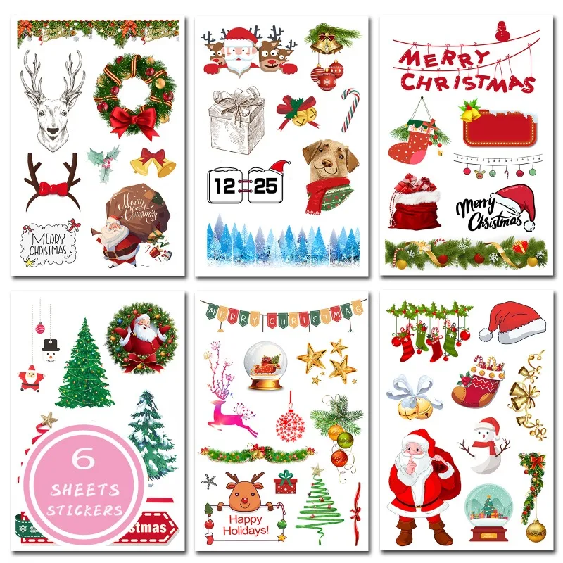 6 Sheets 2026 Christmas Stickers Santa Bells Gift Decorative Stickers Scrapbooking Journal Sticker
