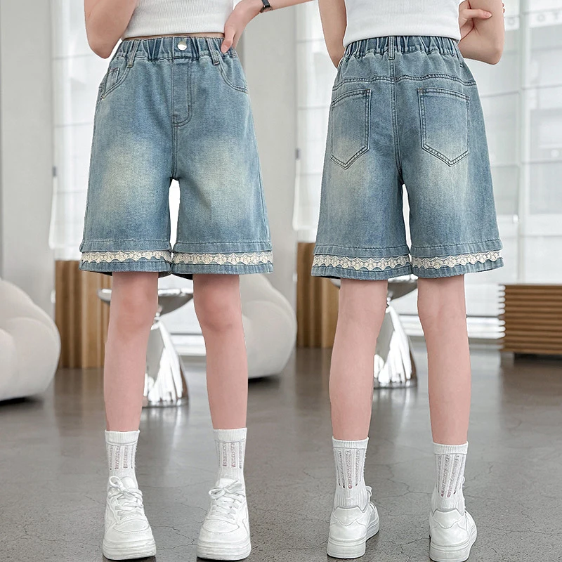 

New Design Kids Child Elegant Summer Blue Denim Shorts with Lace Bottom for Teenage Girl High Quality Cotton Knee Length Pants