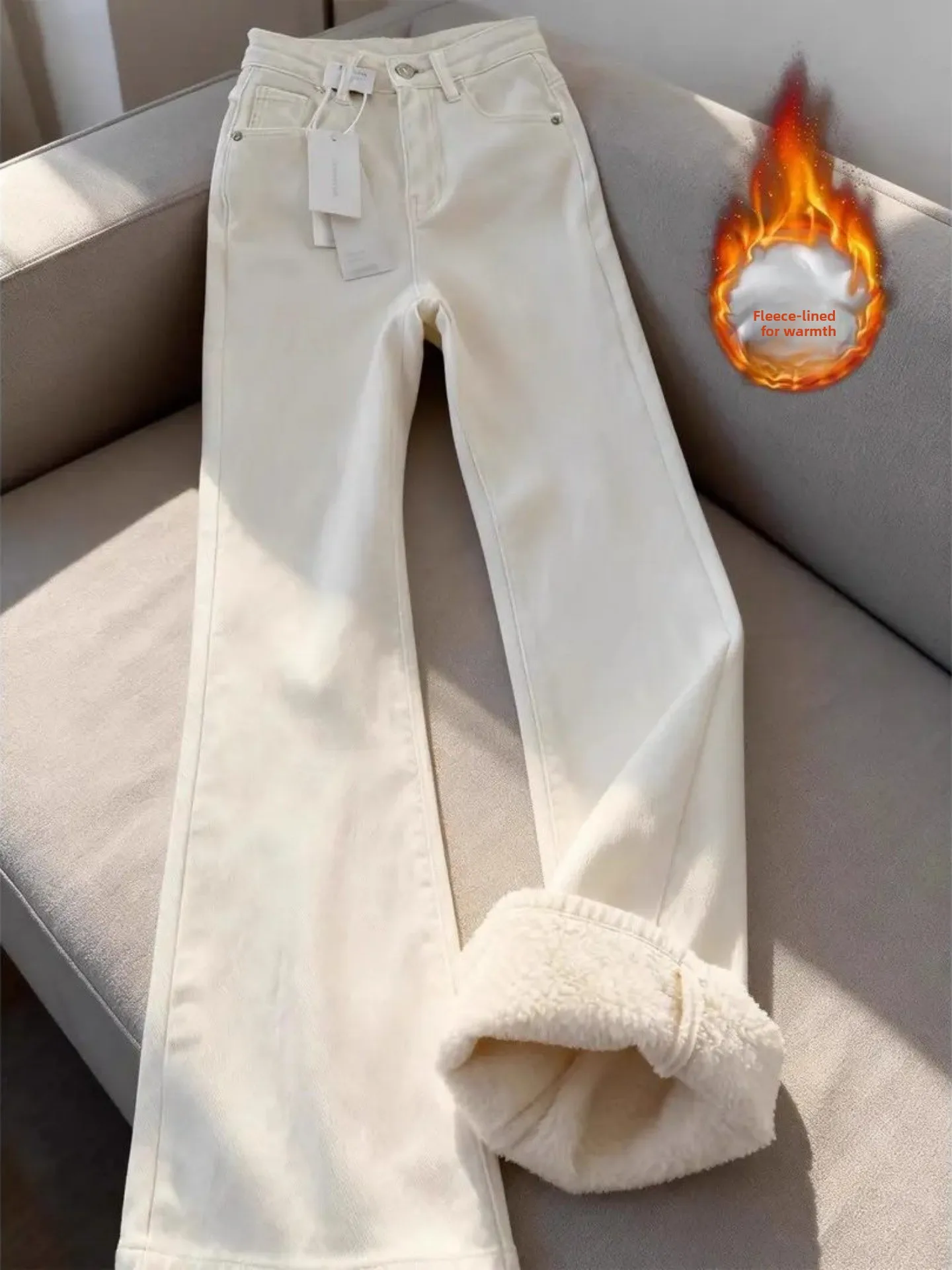 

Fleece Lined High Waist Bell Bottom Jeans Women's Autumn Winter Thickened Straight Leg Long Pants Warm Retro Washed Denim