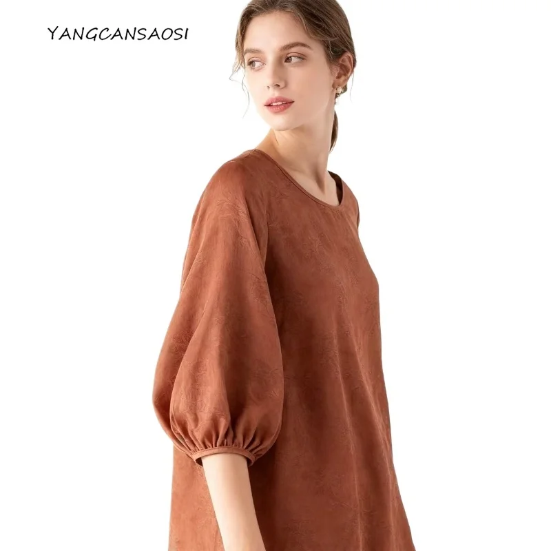 

Women's Fashion Clothing 20MM 100% Natural Mulberry Silk Jacquard Satin Lantern Three-quarter Sleeve Deep Orange Loose T-shirt