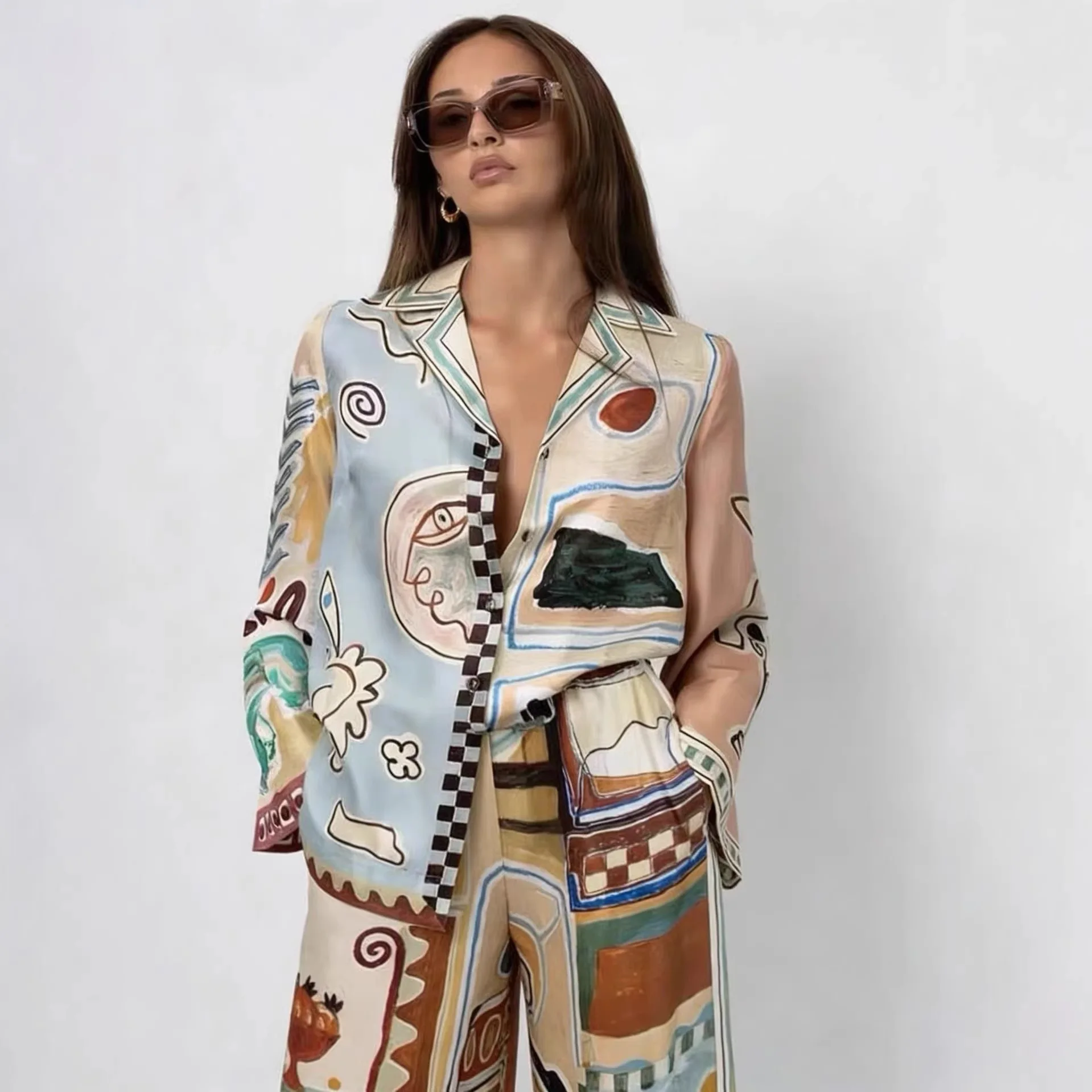 

Baroque French Vintage Graffiti Style Printed Long Sleeve Shirt Lose Wide Leg Pant Suits Casual Two Piece Sets Womens Outifits