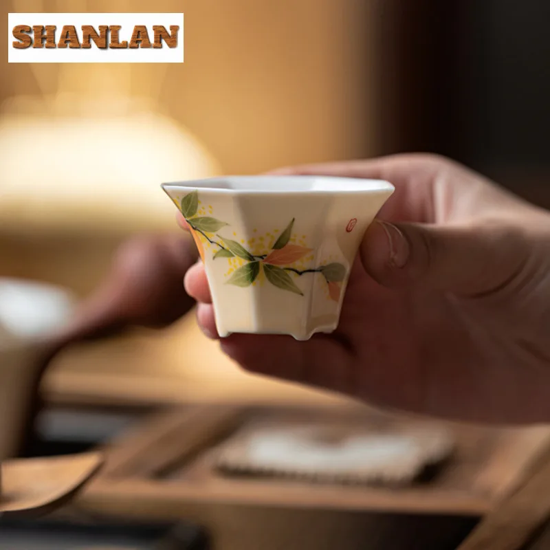 2pc/lot Hand Painted Osmanthus Octagon Teacup Aesthetic Tea Bowl Jug Tea-tasting Meditation Cup Jianzhan Master Cup Teaset 45ml