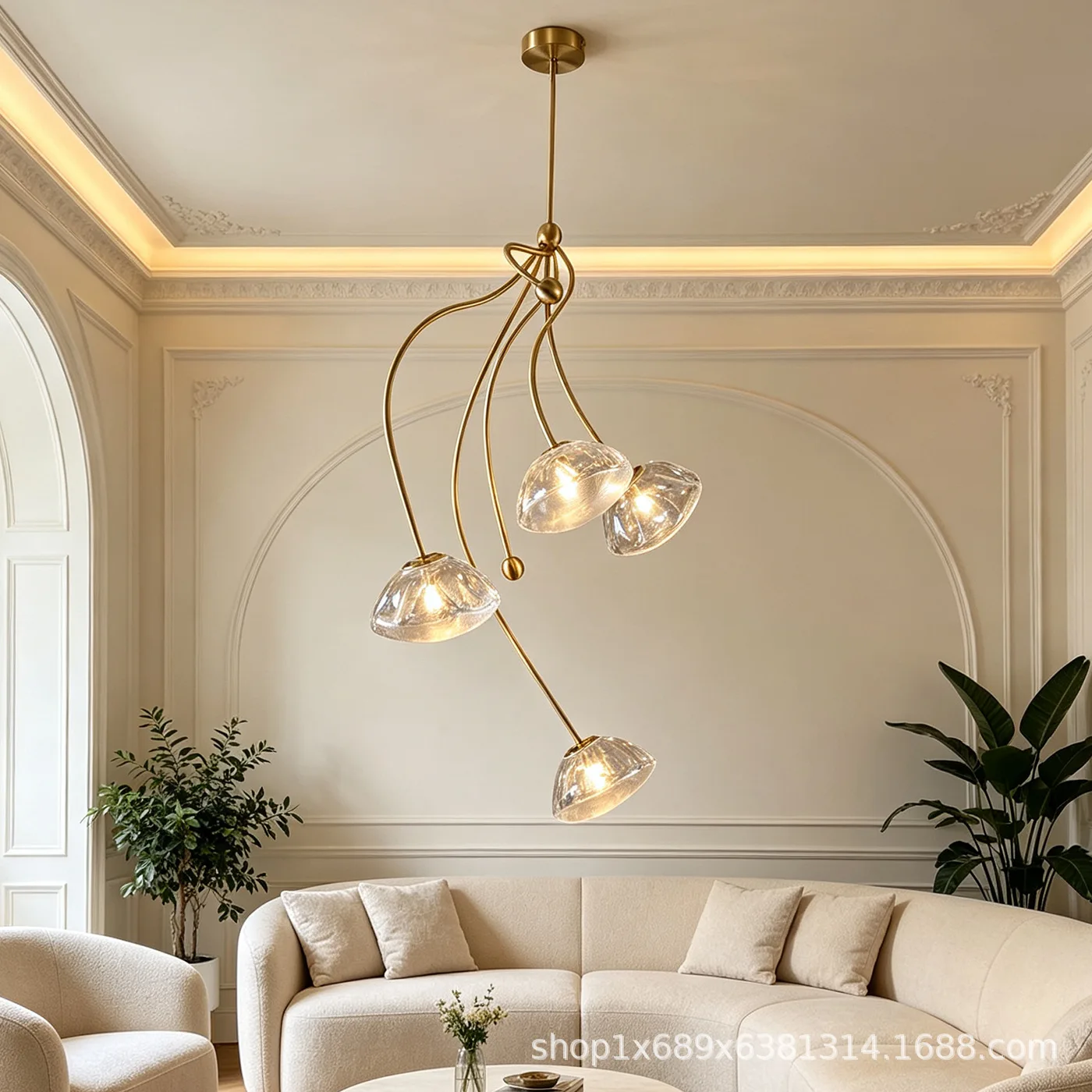 Bendable gold chandelier ice pattern glass cover living room main light