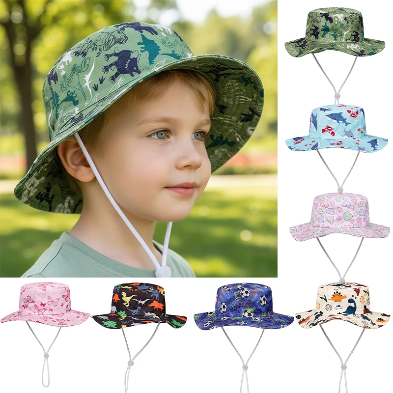 2026 Neue Kinderhüte mit Cartoon-Aufdruck Fischerhüte für Jungen und Mädchen Frühling Sommer Atmungsaktiver Strand-Sonnenschutz Accessoires