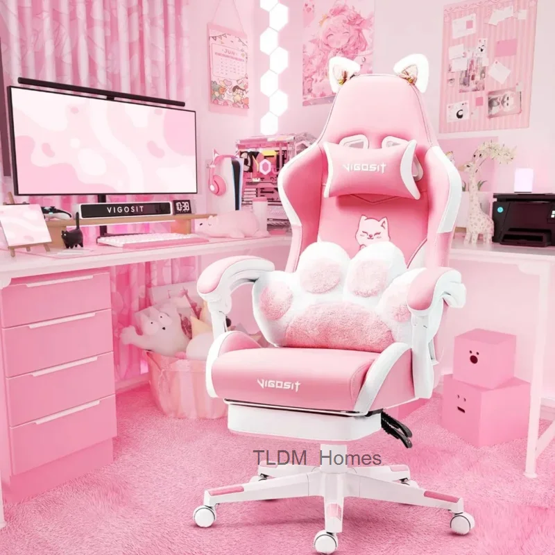 

Pink Gaming Chair With Cat Paw Lumbar Cushion and Cat Ears Computer Armchair Reclining PC Game Chair for Girl Kids Teen Gamer