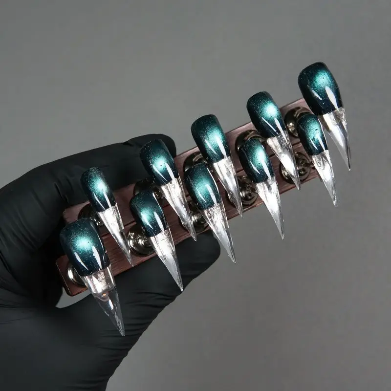 Extra Long Stiletto Press On Nails Dark Teal Cat Eye Gradient Clear Tip False Nails Glossy Handmade Reusable Nail Art For Cospla
