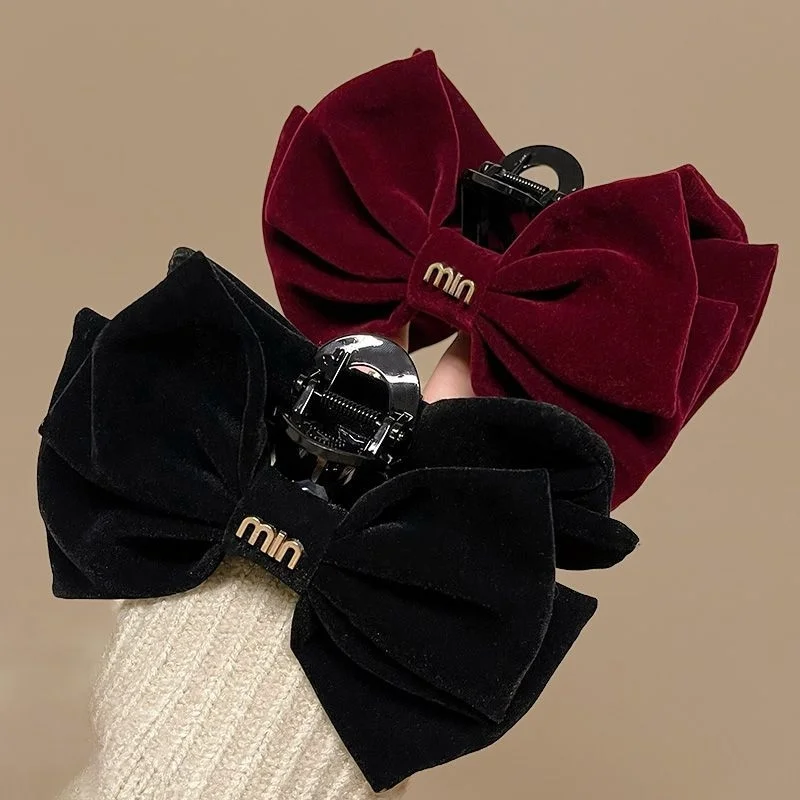 

New luxury women's summer velvet bow hairpin high-end classic shark clip fashionable retro hairpin elegant hair accessory