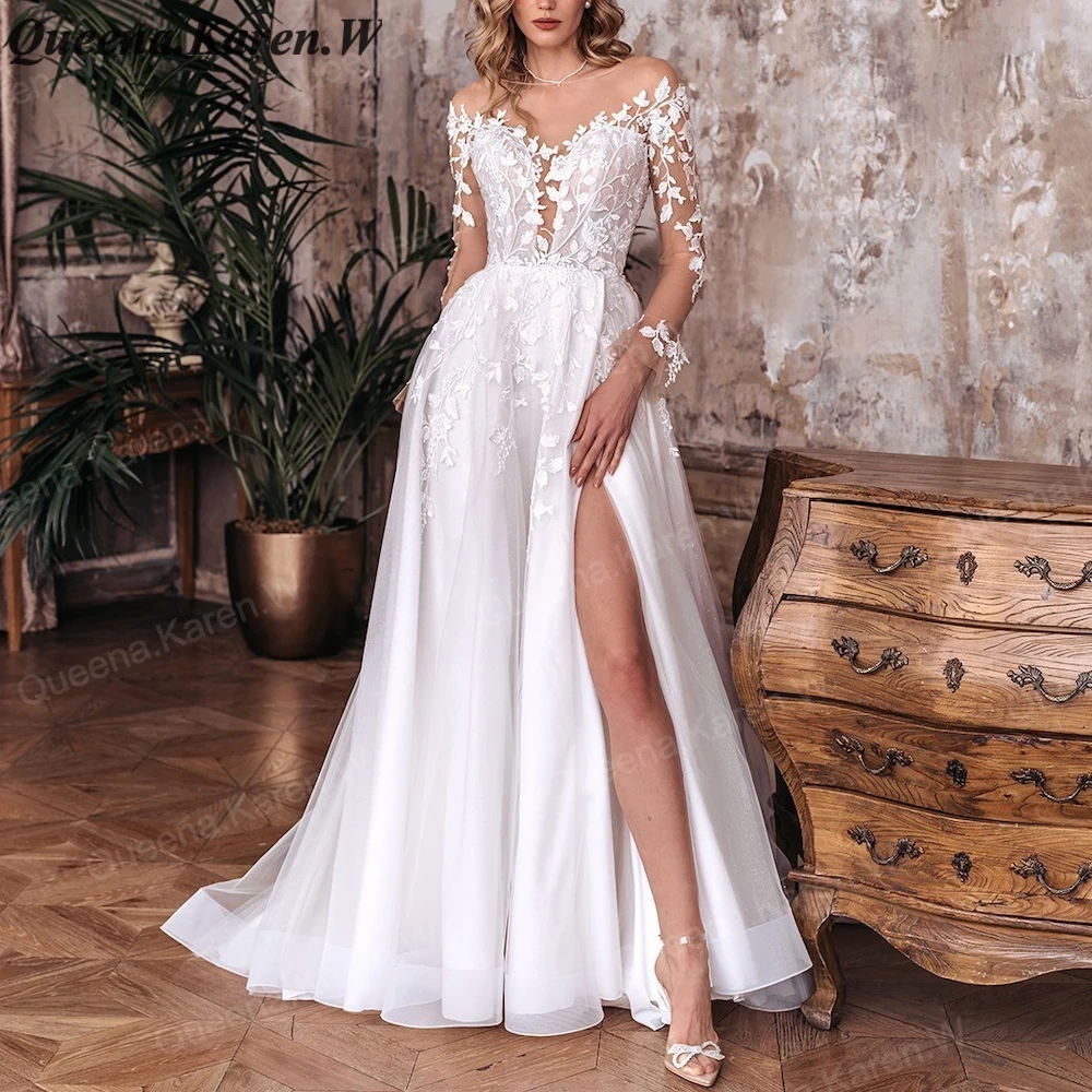 Elegant A line Wedding Dress long sleeve off shoulder applique bride dress robe de mariee A line Wedding Bridal Gown