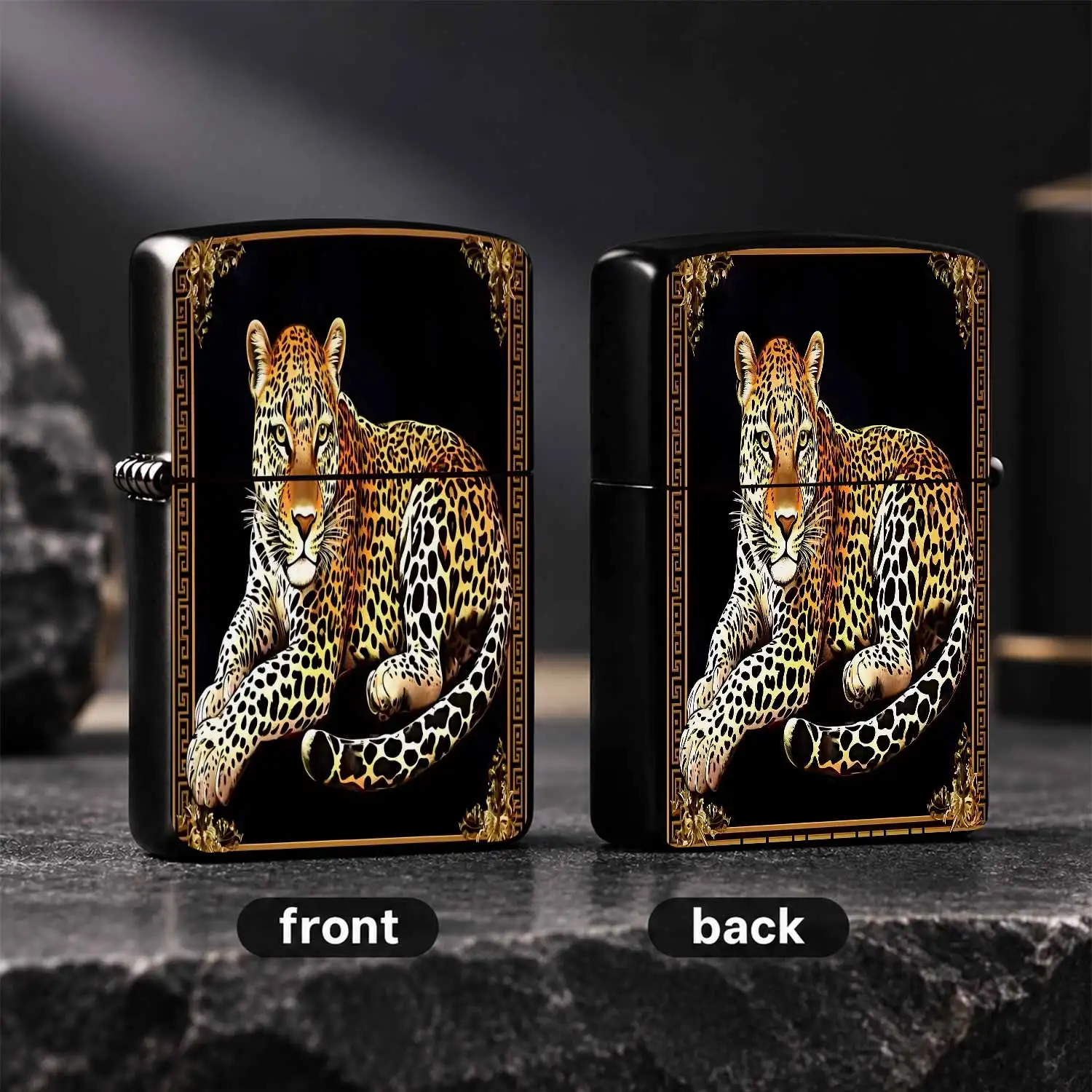 Vintage Art Lighter With Gilded Leopard Print Classic Greek Key Ornate Frame Exquisite Decorativeportable Stylish Accessory Ideal For Daily Use Gifting Party Collection Multi-Scenario Practical Elegant Present For Frien A Humorous And Inter