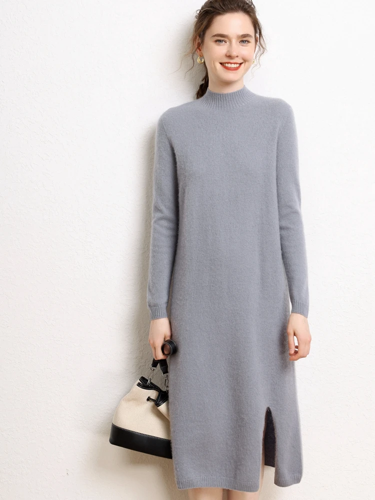 

Autumn Winter New Women's Cashmere Pullover Long Dress Soild Basic Versatile Half High Collar Dress Straight Loose Casual