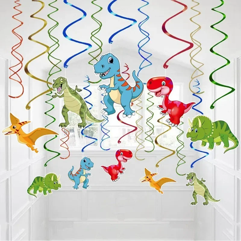 

30pcs/set PVC Foil Swirls Prehistoric Jurassic Dinosaur Ceiling Hanging Dino Garlands for kids birthday Decoration Supplies