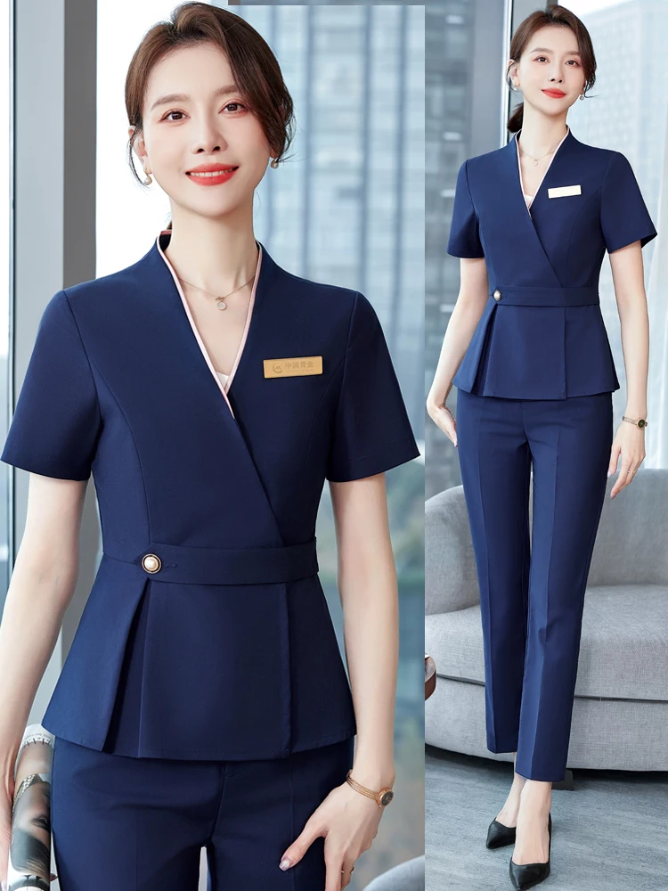 Elegant Short Sleeve Suit Set for Women Summer Professional Front Desk Workwear Jewelry Store Hotel Counter Uniform Polyester...