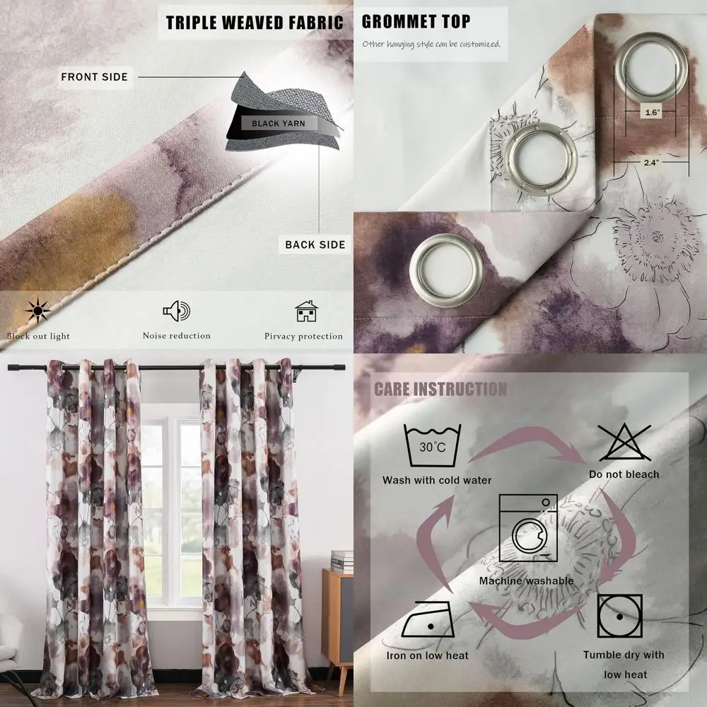 

Фиолетовые 2-панельные шторы с цветочным принтом, современные элегантные плотные шторы с термоизоляцией, верхняя часть с люверсами для гостиной, 60x106