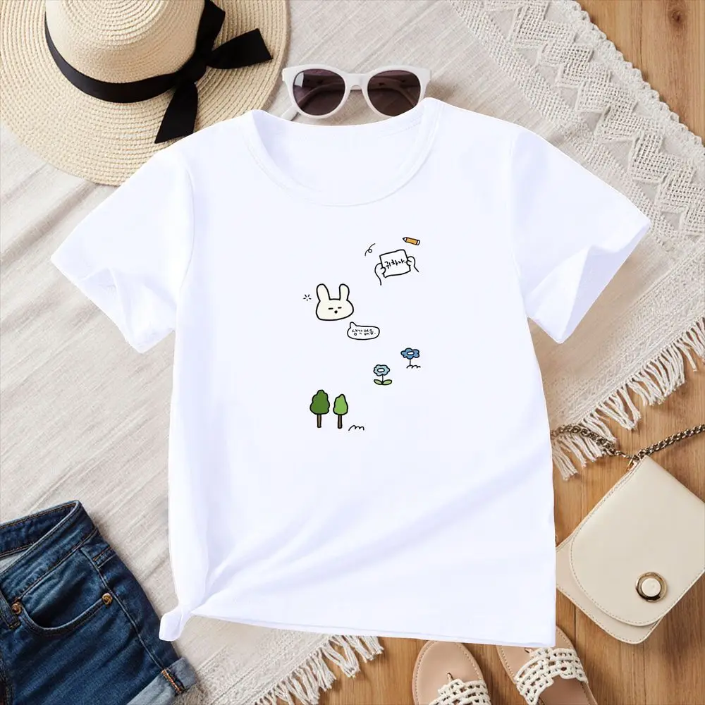 Y2k Bunny Happy Face Graphic T-Shirt Korean Fashion Women Summer Short Sleeve Whimsical Hand Drawn Print Casual Fashion Art Tops