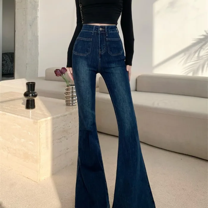 ارتفاع الخصر جرس بوت الجينز المرأة التخسيس تأثير الساق الطويلة مطاطا الدنيم السراويل الخريف الشتاء جديد Sle الأزرق القطن تمتد