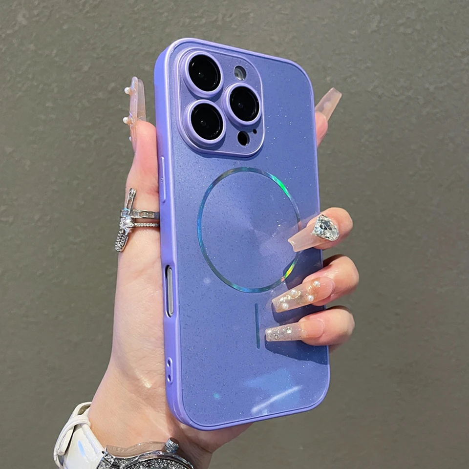 Funda magnética de lujo con brillo y efecto aurora para iPhone 15 16 17 Pro Max 14 Plus 13 12 11, protección completa de lente 2