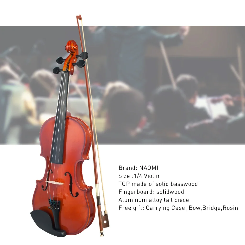 NAOMI 1/4 Violin High Gloss Finishing Student Violin W/Case+Bow+Rosin For Biginner Learner Natural Color