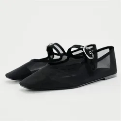 Square Toe Women Mesh Ballet Flats Breathable Loafers Dance Shoes Summer Black Flat Shoes Female Sandals Espadrilles Mary Janes