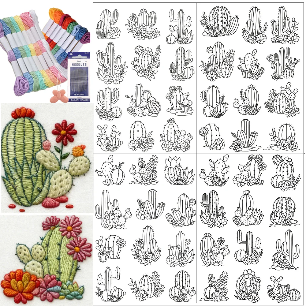 4 Sheets Cactus Water-Soluble Stabilizer Embroidery Paper, DIY Self-Adhesive Stick and Stitch Pre-Printed Embroidery Patterns