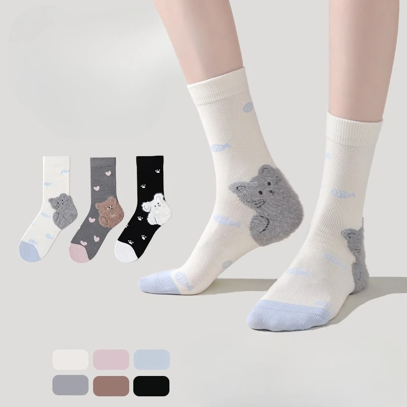 

3 пары женских носков с героями мультфильмов, осенне-зимние длинные чулки из чесаного хлопка, милые универсальные модные носки в японском стиле
