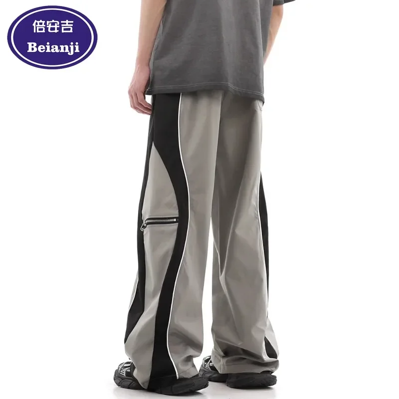 Beianji men's casual pants High street hiphop color contrast wide-foot fashion brand American straight loose work pants