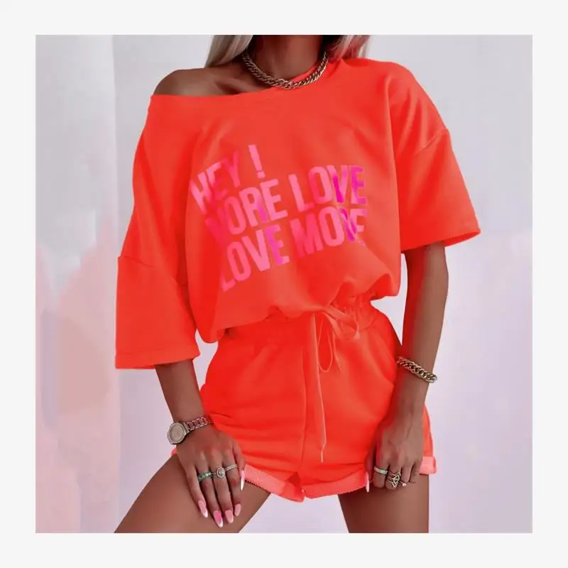 Conjunto de Roupas Casuais Fenas, Cseta e orts, Conjunto de Moda Juvenil com Decote Redondo e Manga Curta