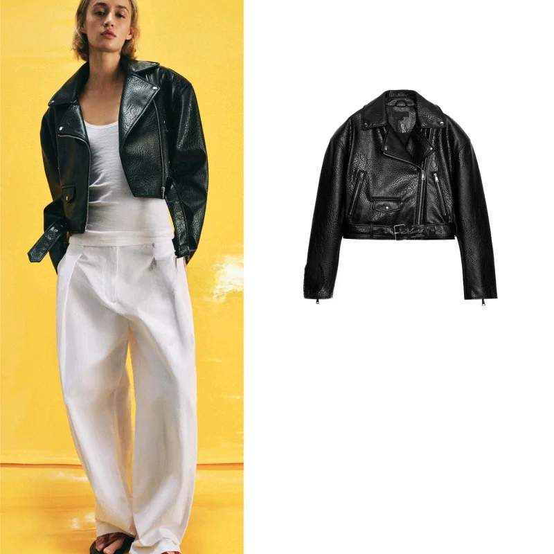 

Новая женская куртка-косуха из искусственной кожи на молнии с длинными рукавами и отложным воротником, в французском стиле, укороченная верхняя одежда для весны и лета