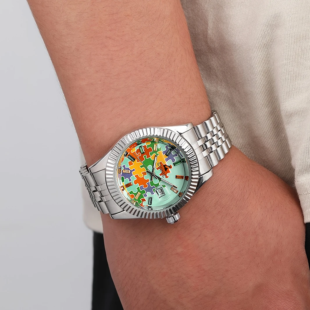 New Hot-Selling Men's Stainless Steel Five-Link Steel Band Watch with Puzzle Pattern, Business Style, Round Case, Calendar Display Function, Valentine's Day Gift, Father's Day Gift, Holiday Gift, Halloween Gift, Christmas Gift, Thanksgiving Gift view 3