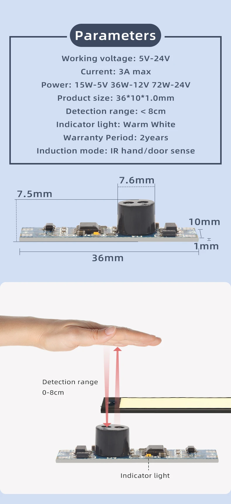 Handnäherungs-Infrarot-Induktions-LED-Lichtschalter 12V 24V für Schrank-LED-Streifen und LED-Aluminiumprofil mit Handsensor – Detail 4