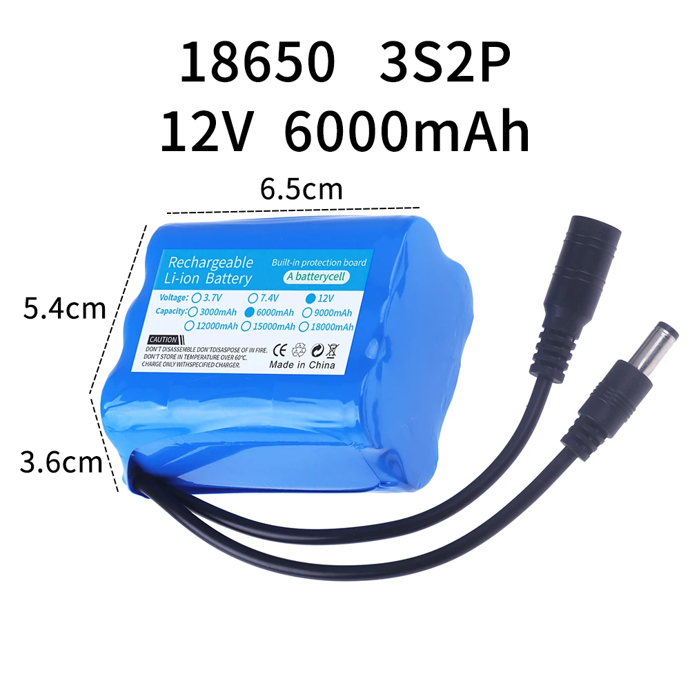 12V 6000mAh 18650 Lithium Battery Pack 3S2P Rechargeable Battery 12.6v Charger for Fishing Bicycle Large Capacity Battery