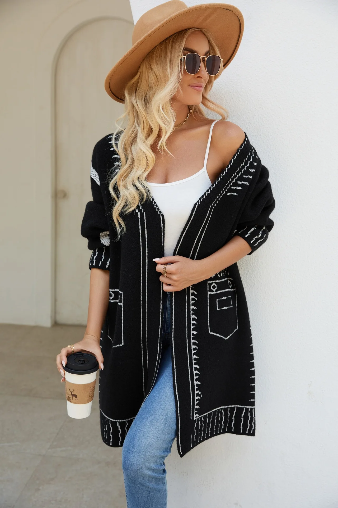 Autumn Winter Contrasting Striped Knitted Cardigan Women\'s Winter Mid-length Cardigan Sweaters Casual Office Sweater Coat Tops