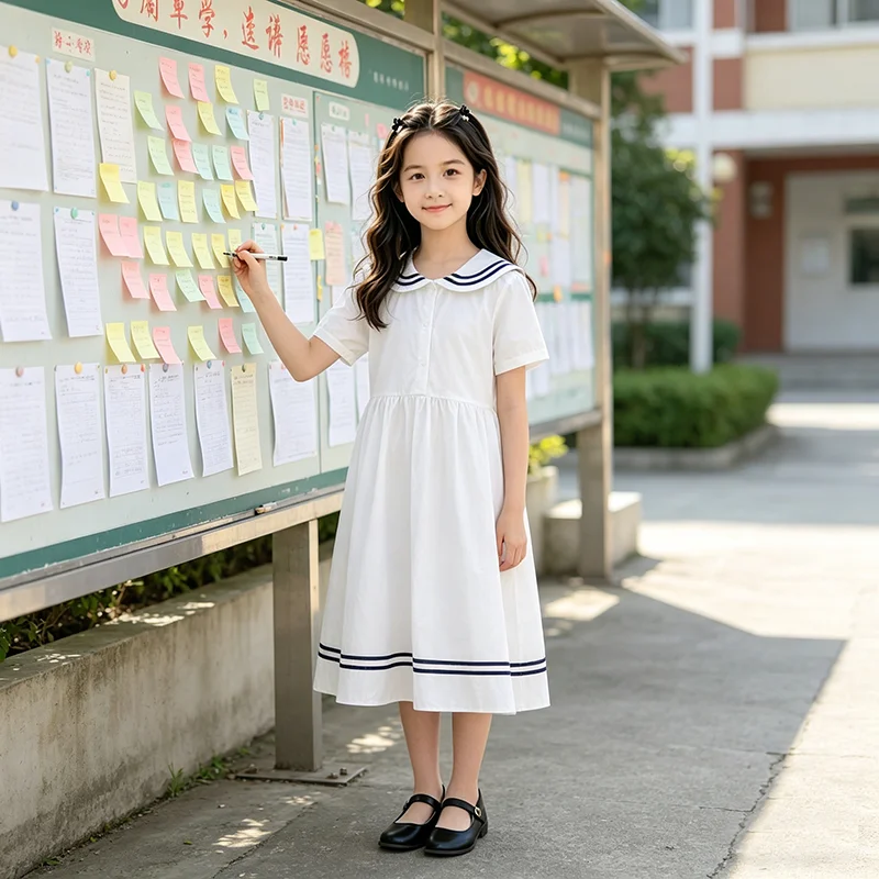 Tween Girls Sailor Collar White Cotton Dress For Kids Short Sleeve Dresses Girl Twenties Clothing Casual School Wear Mid Length