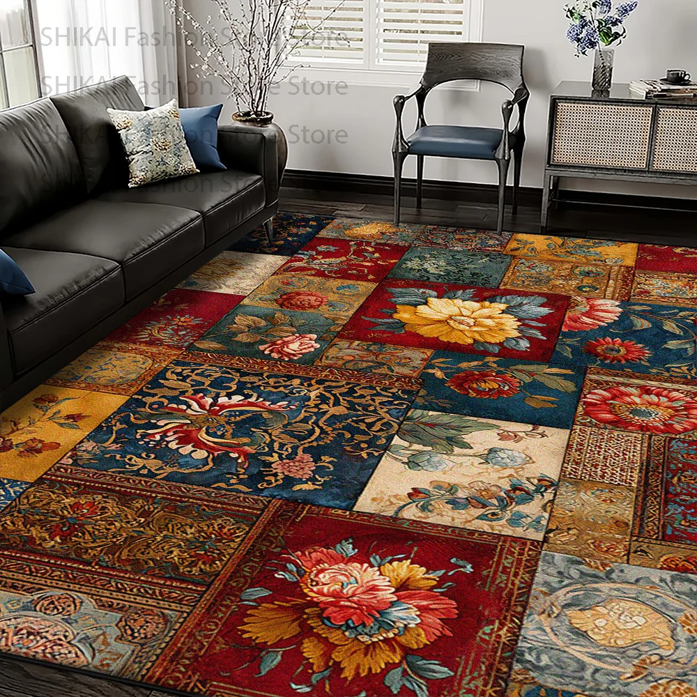 Retro Flower Geometric Stitching Living Room Rug Decoration Living Room Classical Fluffy Carpet Easy Clean Non-slip Floor Mats