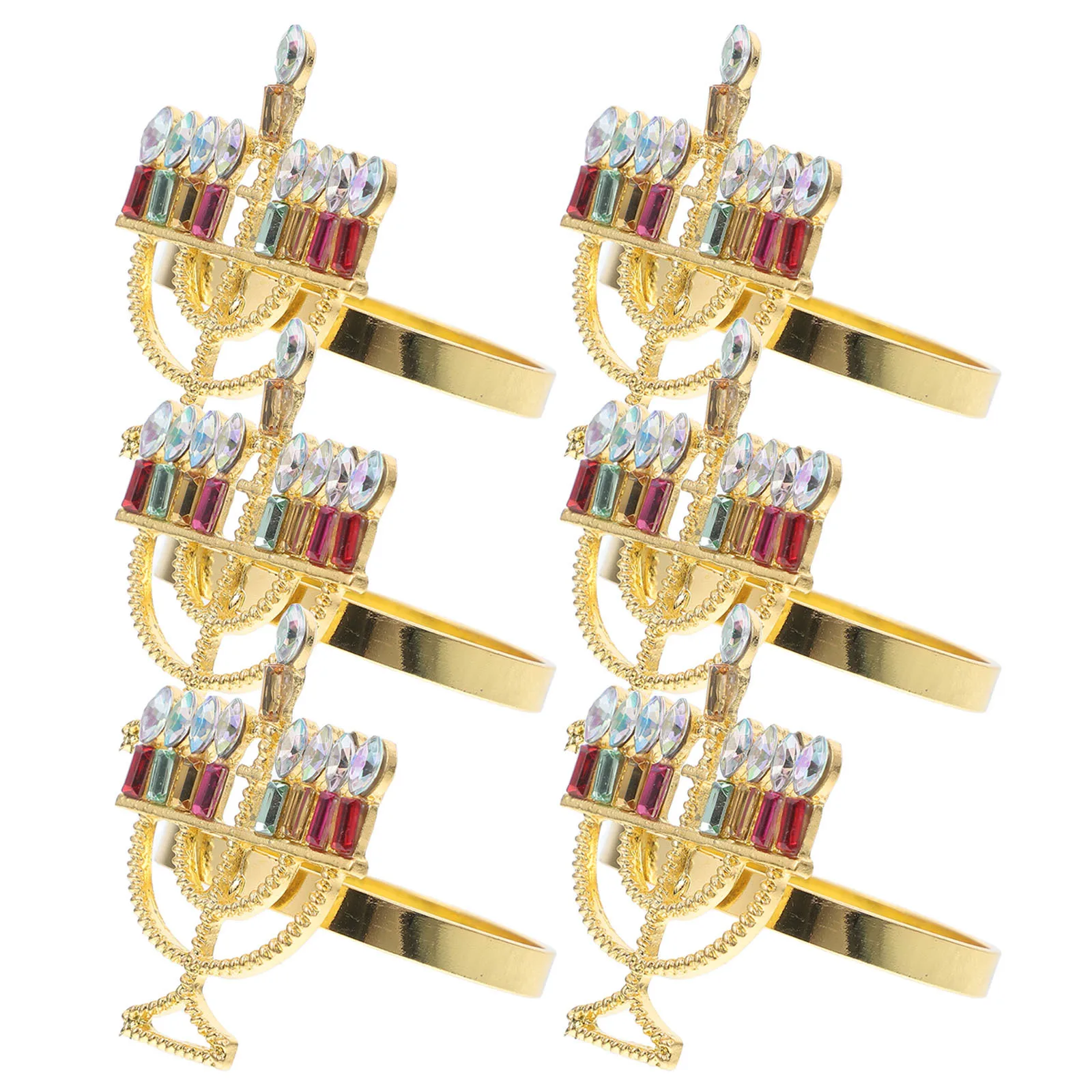 

6pcs Hanukkah Napkin Rings Alloy Rhinestone Menorah Shaped Buckles Jewish Holiday Table Decor Dining Accessories Gold Metal