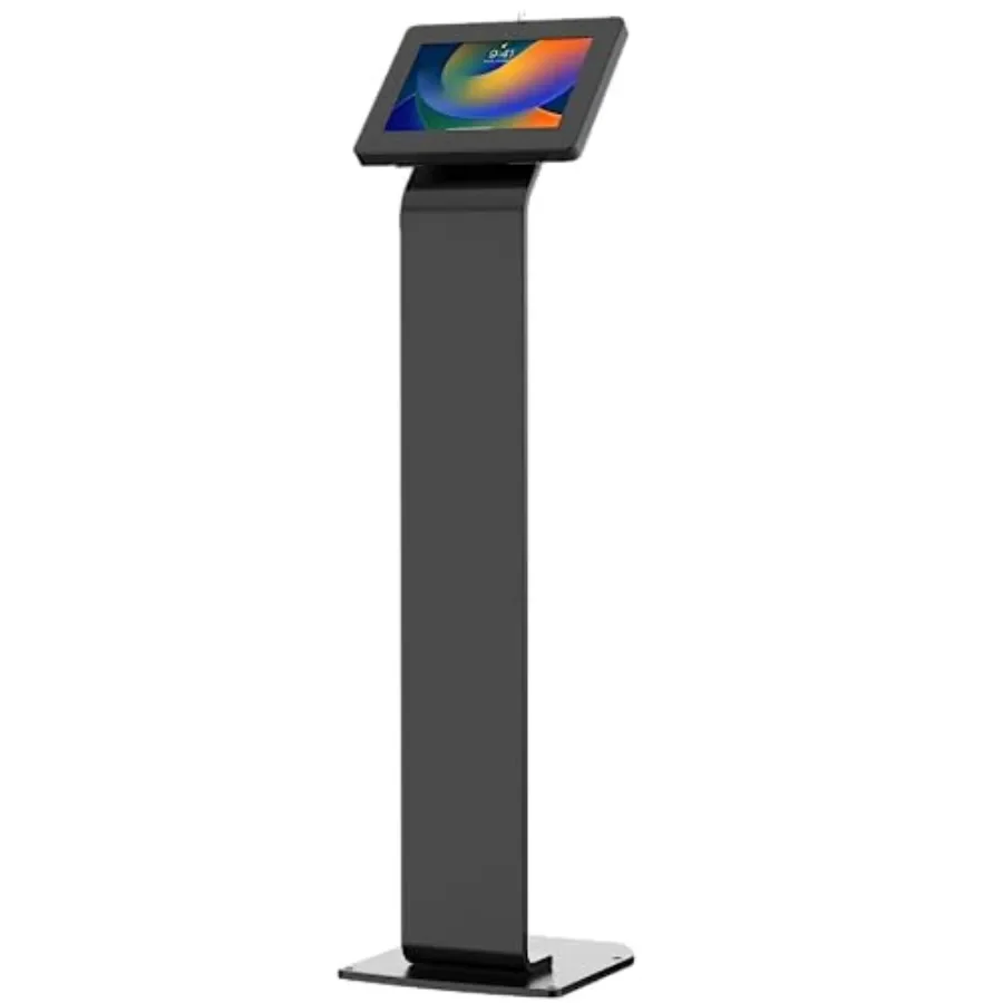 

Premium kiosk floor stand for retail use, aluminum alloy, black, secure locking mechanism and universal tablet compatibility