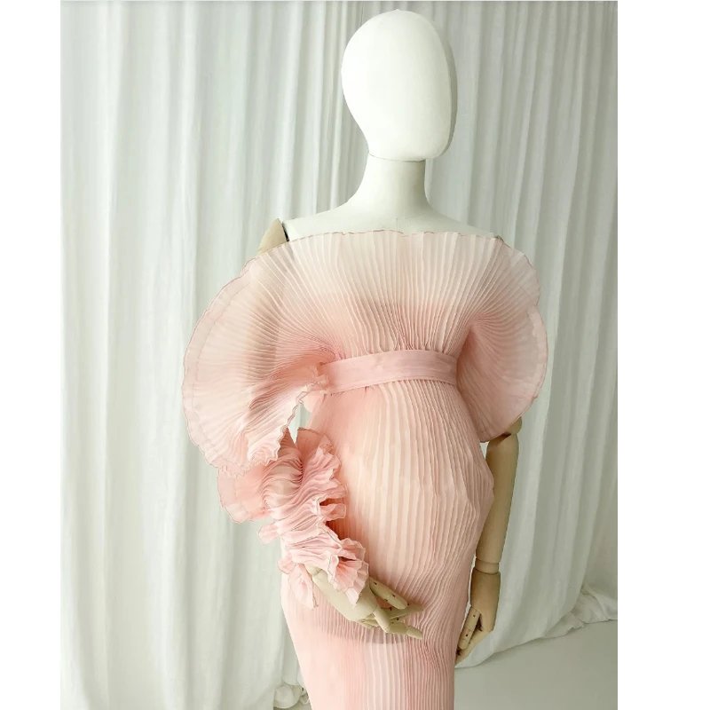 Transparent Pleated Pregnancy Dresses Tulle Baby Shower Off the Shoulder Maternity Gown photoshoot Lush Sleeve Pregnancy Dress