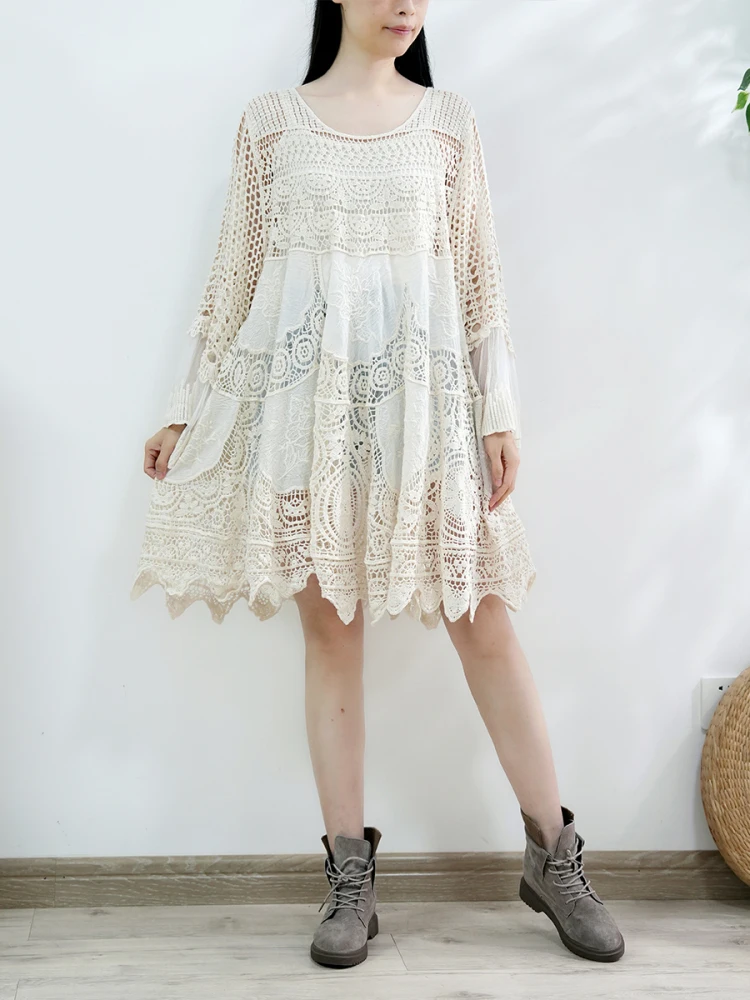 

TIYIHAILEY Spring Summer Women Knitting Dresses Flare Sleeve Beige Loose Ladies Clothing Fashion Short 2025 New Lace Up 2025