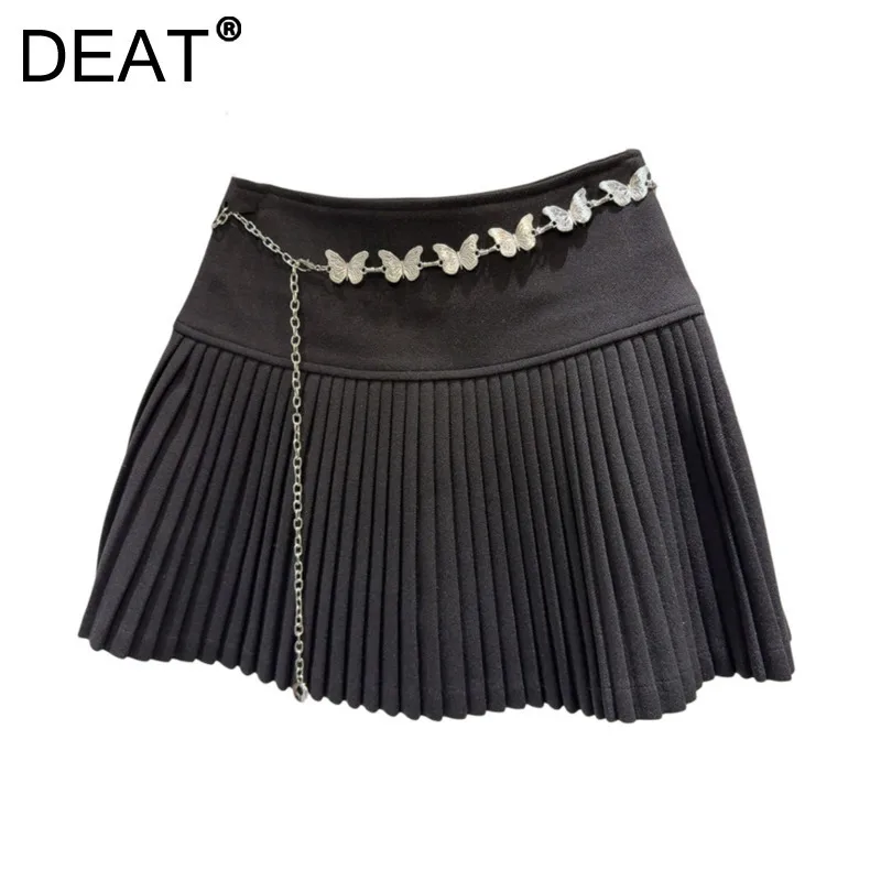 

DEAT Women's Skirt Solid Color High Waist A-line Butterfly Chains Pleated Woolen Short Skirts 2024 New Fashion Winter 11A01663