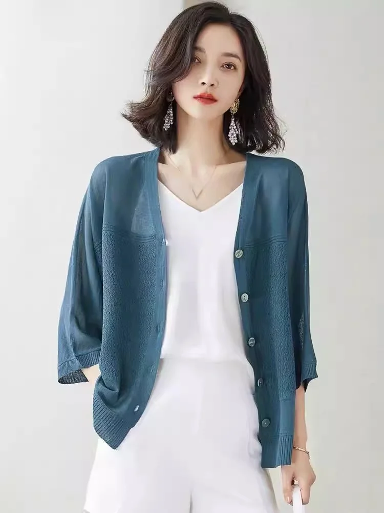 Summer V Neck Thin Cardigan Jacket Women Ice Silk Knitted Cardigan Shawl Ladies Hollow Out Sweater Coat Short Sunscreen Shirt