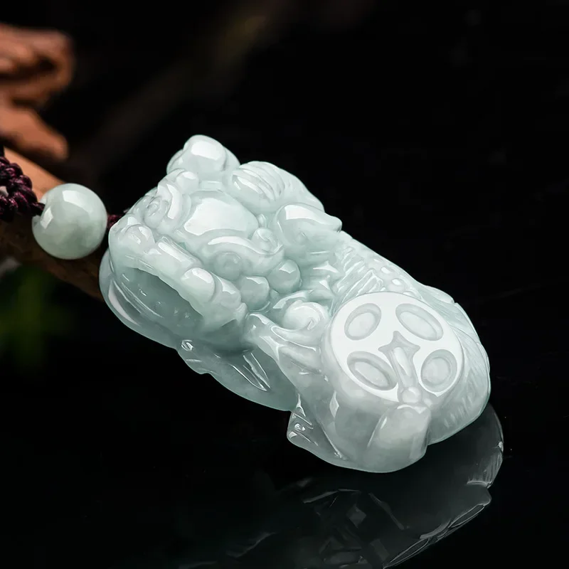 

Jia Le/Hand-carved/Natural Burmese Jade Money Wishful Emerald Pixiu Necklace Pendant for Men Women Couples Fashion Boutique Gift